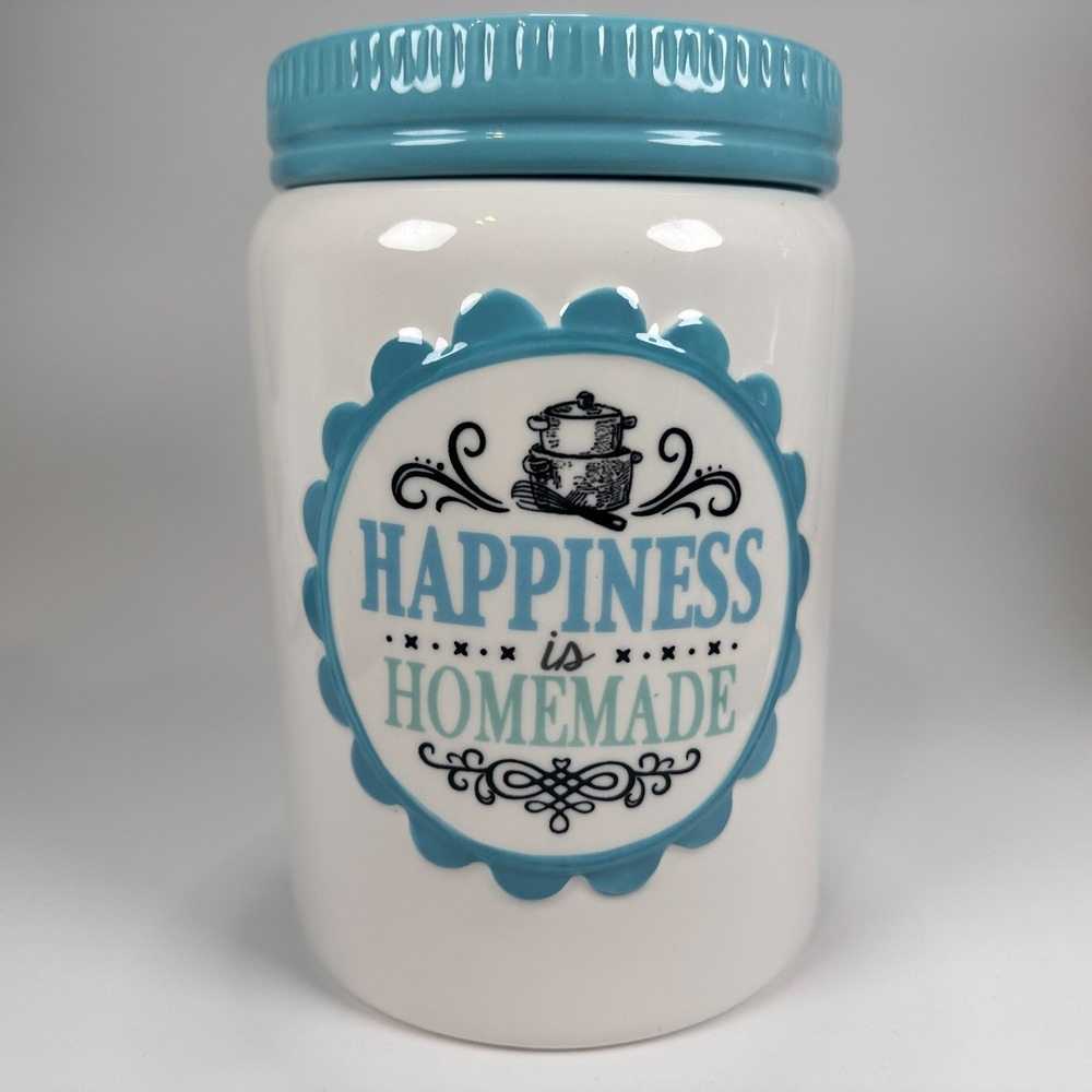 Cracker Barrel Cookie Jar 'Happiness is Homemade' Teal & White 8.5 x5.5" Baking